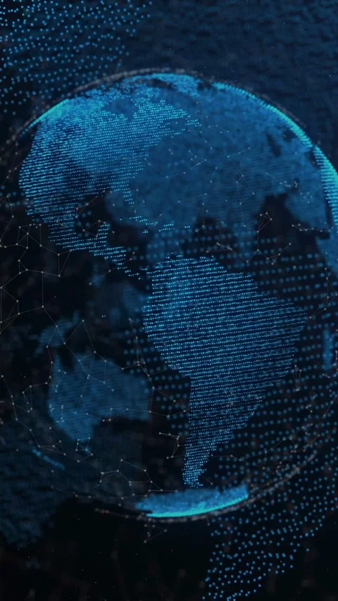 On playback dotted globe rotating, zooming, forming Americas dots, shifting glow Stock Footage 332985062