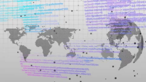 On playback dotted map and rotating globe shifting while colored code blocks Stock Footage 328584717