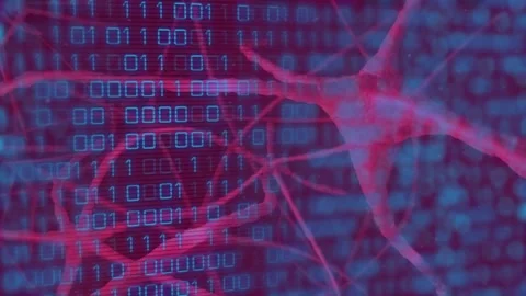 Playback driving layers shifting while binary rows weaving through neural Stock Footage 333900884