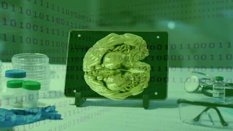 On playback floating green brain rotating and tilting, revealing anatomical Stock Footage 334881795