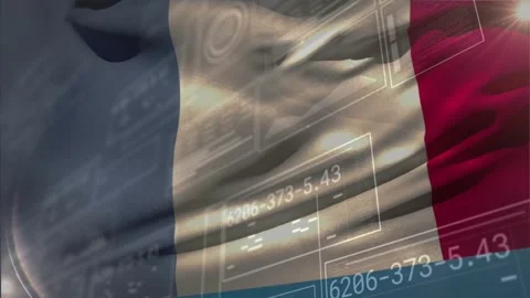 On playback, French flag rippling while data panels sliding across fabric, Stock Footage 334184546