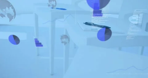 On playback globe icons, code overlays fading in over tables with pen on notepad Stock Footage 318063194