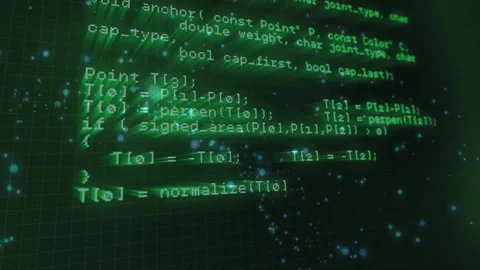 On playback, green code column scrolling over grid revealing APIs, geometry Stock Footage 311663189