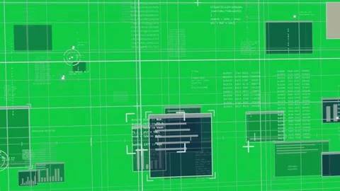 Playback HUD panels sliding text updating reticle drifting over transparent grid Stock Footage 340269412