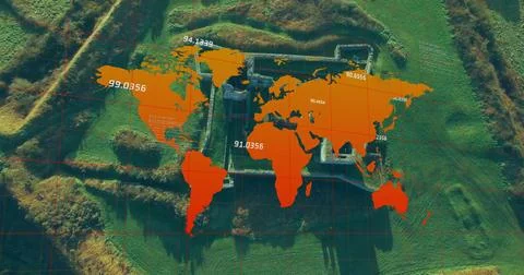 On playback orange map centering over fortress, fading in, revealing numeric Fotos Stock