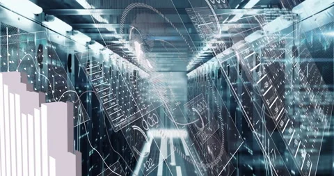 On playback server racks view showing network nodes drifting then bar graphs Stock Footage 311225180