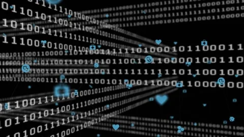 On playback start, 3D binary stream scrolling, spawning blue icons drifting Stock Footage 317659961