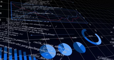 On playback start, 3D data visualization emerging, updating charts, shifting Stock Footage 318194460
