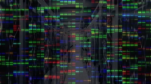 At playback start code bars emerging over data center aisle while sliding to Stock Footage 317593148