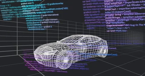 On playback start code snippets scrolling across 3D wireframe car model grid Stock Footage 319889204