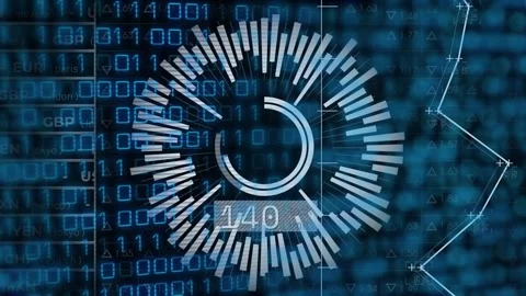On playback start data chart rotating arc pulsing bars and readout counting to Stock Footage 317227246