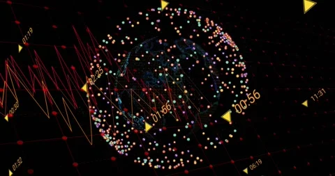 On playback start data globe rotating time markers orbiting red waveform pulsing Stock-Footage 329870114