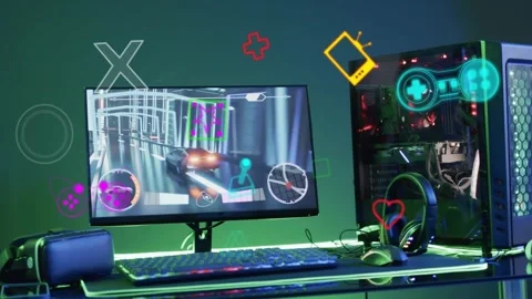 On playback start gaming setup displaying racing HUD while neon icons floating Stock Footage 335465497