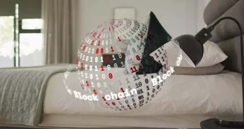 On playback start holo bit sphere appearing over bed, rotating Block chain band, Stock Footage 329115388