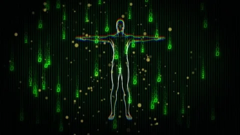 On playback start, humanoid outline rotating with chromatic fringe pulsing, Stock Footage 329832684