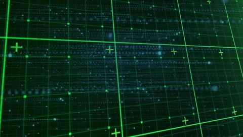 On playback start, network grid tilting while nodes pulsing and data scrolling Stock Footage 313509576
