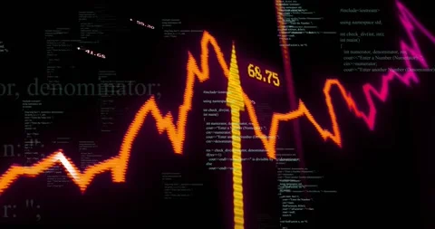 On playback start orange waveform oscillating with rising labels, bars and code Stock Footage 317260371