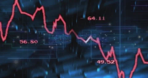 At playback start red line chart unfolding on blue grid, fluctuating to Stock Footage 310661636