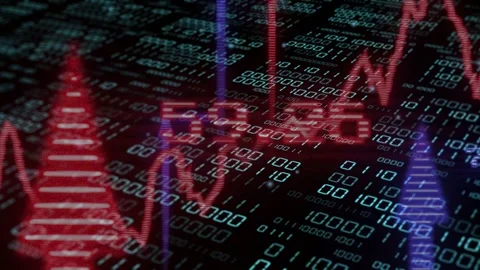 On playback start red line tracing peaks, purple bars rising over teal numeric Stock Footage 335739863