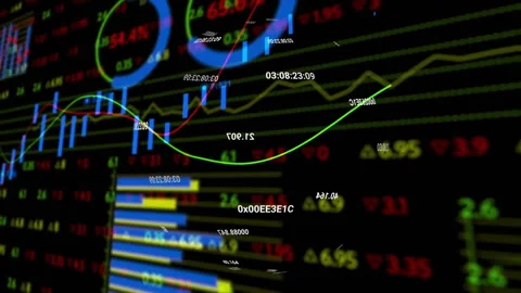 On playback start trading UI displaying candles rising, lines and charts pulsing Video stock 313552847