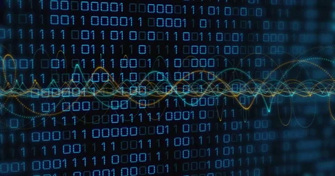 On playback start waveform line appearing and undulating peaks over binary grid Stock Footage 310459670