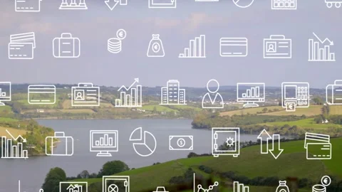 On playback start white icon grid scrolling downward across pastoral lake, Stock Footage 329533560