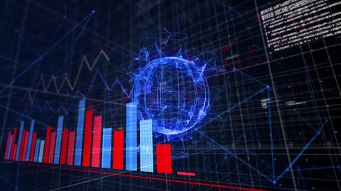 On playback start wireframe sphere pulsing, linking nodes as bar chart growing, Stock Footage 335739853