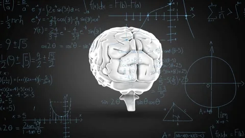 Playback starting 3D brain rotating, revealing surfaces with blue marks and math Stock Footage 330602611