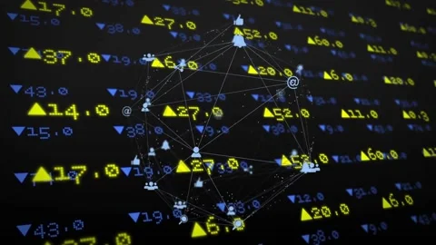 Playback starting, 3D network rotating, revealing node icons and tickers, Stock Footage 333962849