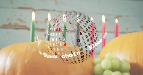 Playback starting 3D sphere rotating, visualizing blockchain data over pumpkins, Stock Footage 317834626