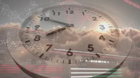 Playback starting, analog clock rotating, clouds drifting, HUD bars updating for Stock Footage 331125584