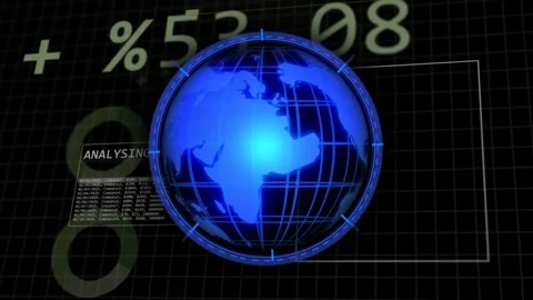 Playback starting, blue 3D globe rotating clockwise, pulsing core brightening, Stock Footage 334729112