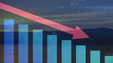 Playback starting, blue bar chart shifting and dimming, pink-red arrow pointing, Video stock 334810978