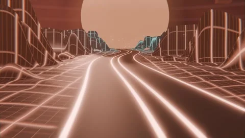 Playback starting, camera gliding forward along twin road past wireframe grid Stock-Footage 337505006