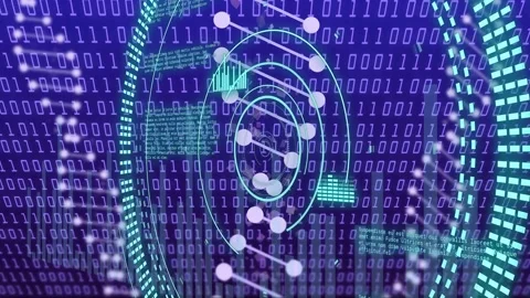 Playback starting, central HUD pulsing, nodes spiraling into helix, binary code Stock Footage 334351821
