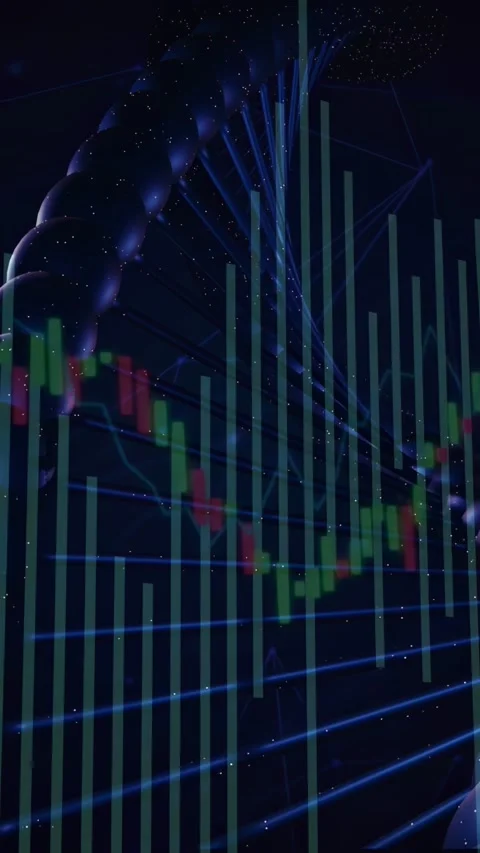 Playback starting, chart-helix rotating, bars pulsing, candles shifting, Stock Footage 332747811
