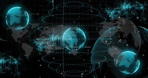Playback starting, cyan dotted globe rotating, rings pulsing, nodes growing, Stock Footage 321161180
