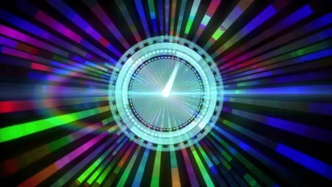 Playback starting dial rotating rings pulsing colored bars radiating lens flare Stock Footage 328347722