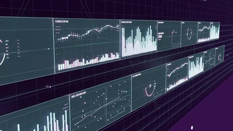 Playback starting gliding camera moving along two-row data wall on grid, Stock Footage 337505063