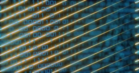 Playback starting glowing binary column flickering while gold streaks sliding Stock Footage 328246611