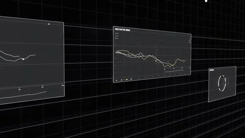 Playback starting HUD panels sliding through 3D grid, showing market data and Stock-Footage 337505059