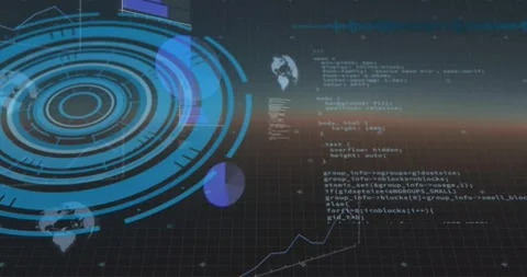 Playback starting; HUD rotating, pie discs rising, code scrolling, visualizing Stock Footage 334315955