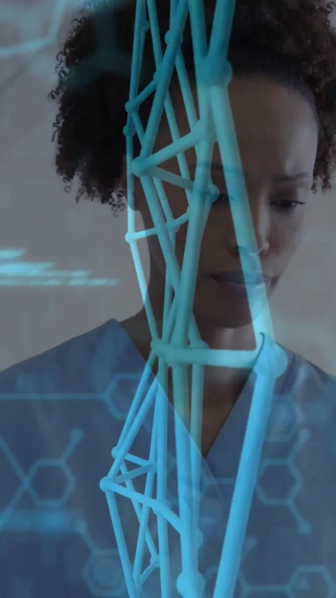 Playback starting lab tech tracking scrolling code as rotating 3D lattice Stock Footage 330395902