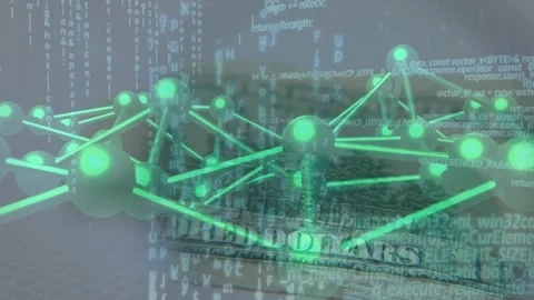 Playback starting, neon green network shifting and revealing US $100 bill, code Stock Footage 329470641