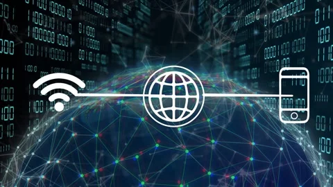 Playback starting, network line connecting Wi?Fi globe smartphone, nodes Stock Footage 333689436
