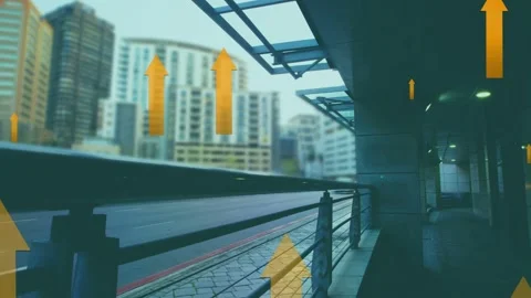 Playback starting, orange arrows appearing and rising over urban railing and Stock Footage 334466014