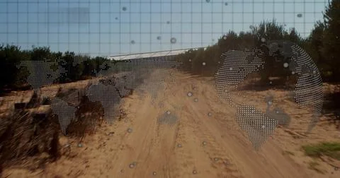 Playback starting, sandy road with dotted world-map overlay moving forward, Stock Photos