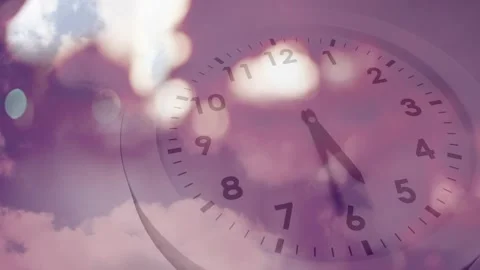Playback starting showing semi-transparent analog clock moving hands over purple Video stock 330393201