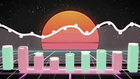 Playback starting, sun and 3D bars rising left to right, line oscillating, Stock Footage 335637236