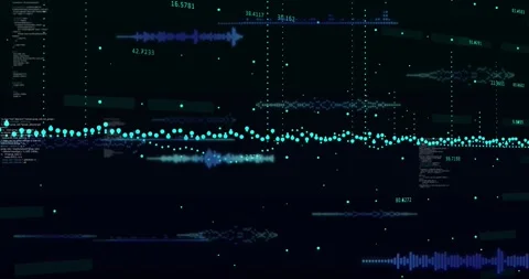 Playback starting teal node band pulsing waveforms growing code panels scrolling Video stock 332289541